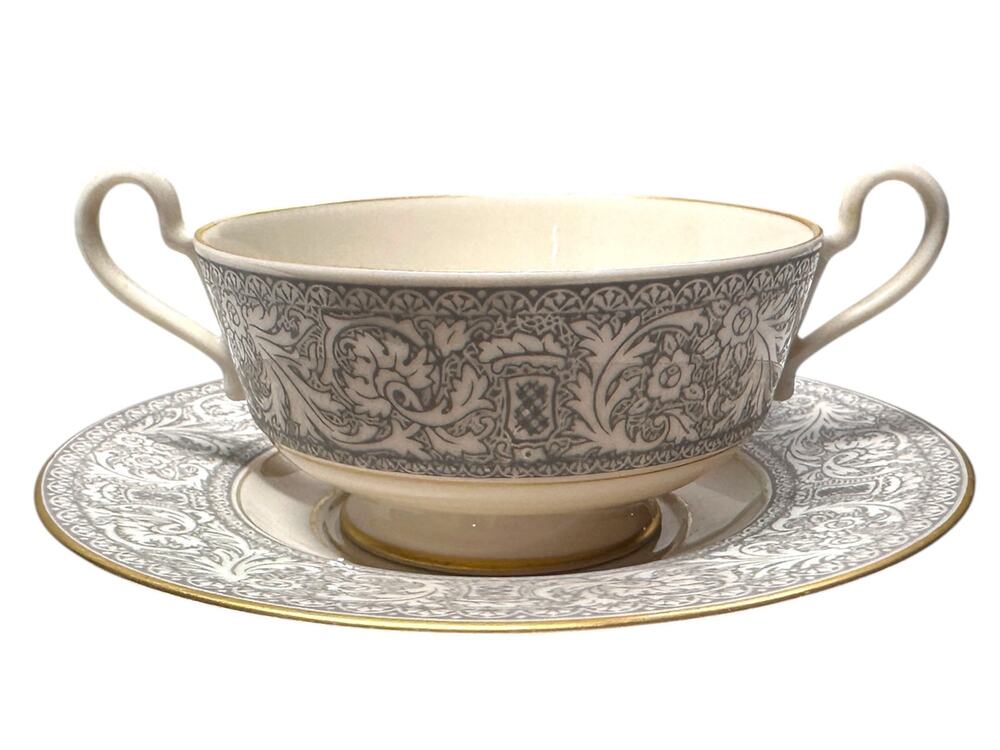 Franciscan Renaissance Grey Footed Cream Soup Bowl & Saucer Set Gold Edge